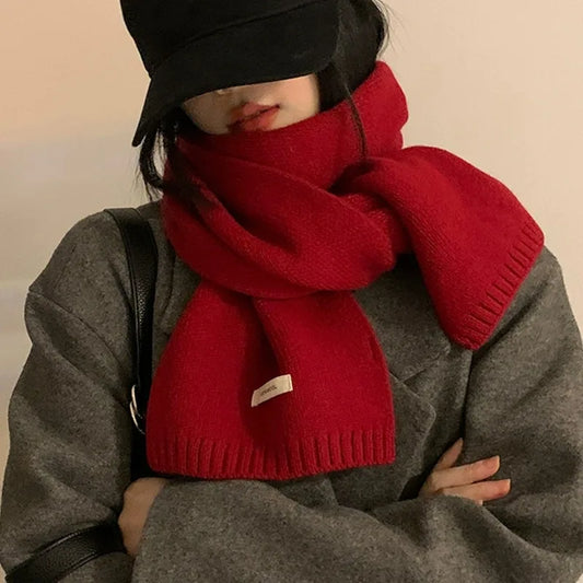 2024 Women's and Men's Classic Solid Color Knitted Red Scarf - Soft, Warm, Thermal Wool Muffler for Winter