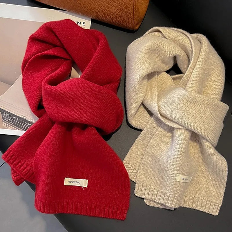 2024 Women's and Men's Classic Solid Color Knitted Red Scarf - Soft, Warm, Thermal Wool Muffler for Winter