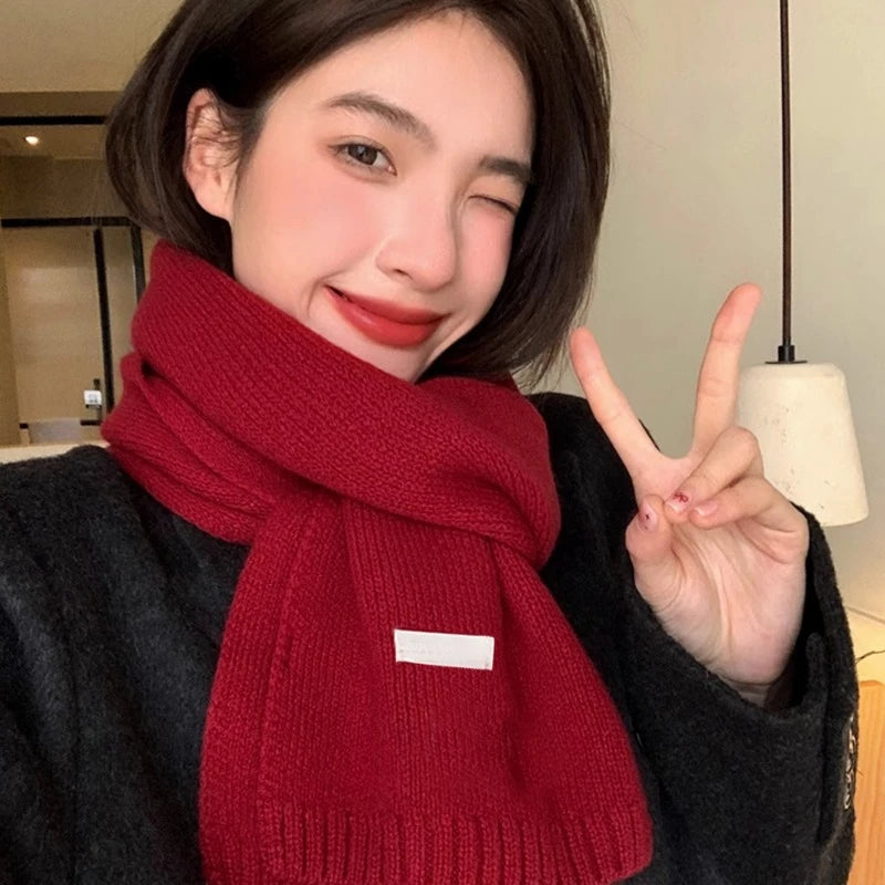 2024 Women's and Men's Classic Solid Color Knitted Red Scarf - Soft, Warm, Thermal Wool Muffler for Winter